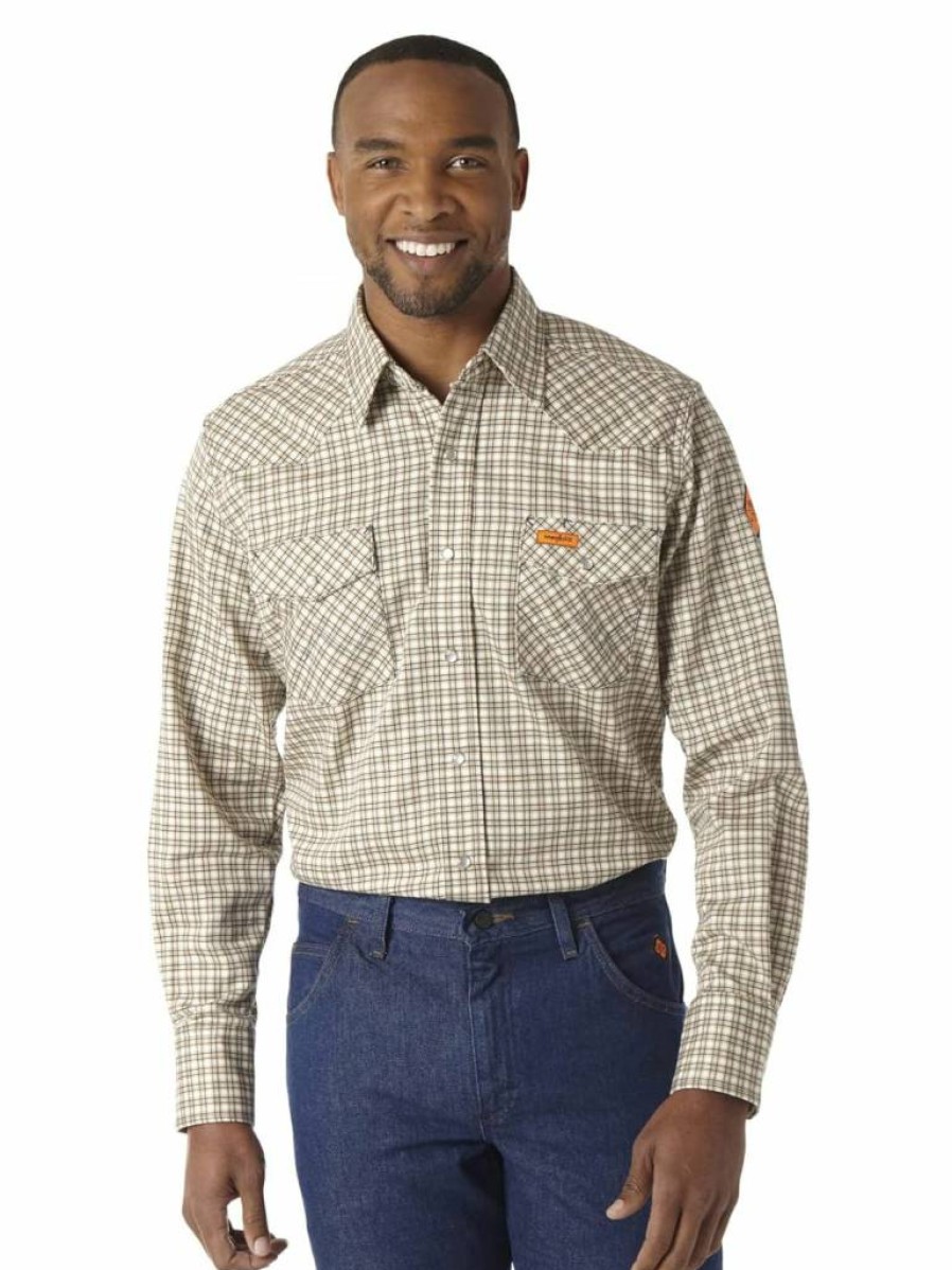 Wrangler Riggs Workwear Men's Flame Resistant Western Shirt Long Sleeve Snap Button Utility Shirt with Two Pockets, Navy Plaid, 4XL