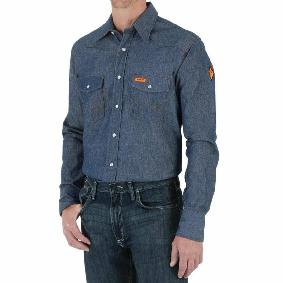 Wrangler Riggs Workwear Men's Flame Resistant Western Shirt Long Sleeve Snap Button Utility Shirt with Two Pockets, Navy Plaid, 4XL