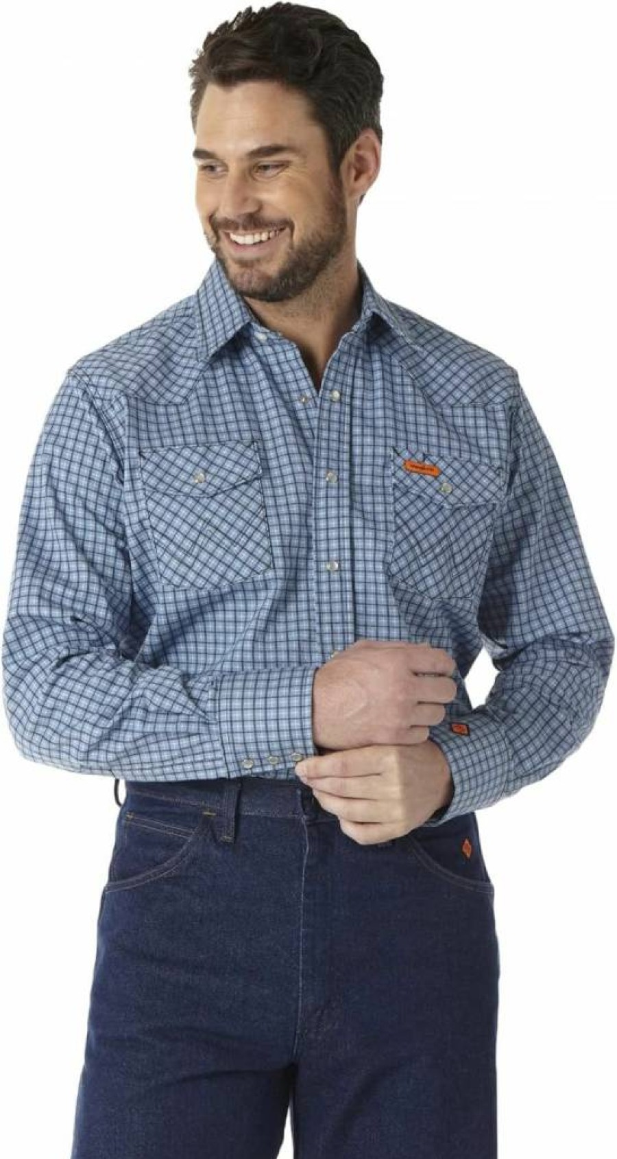Wrangler Riggs FR Flame Resistant Work Shirt - Long Sleeve Snap Closure Plaid Western Shirt for Men, Blue, 3XL